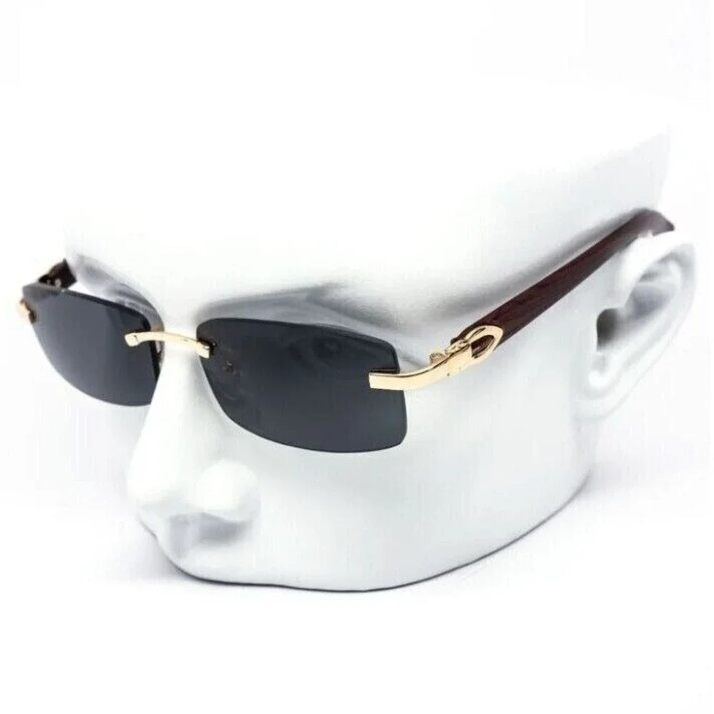 Rimless Gray‎ Tint Gold Frame Woodgrain Shades Men's Hip Hop Sunglasses Lentes